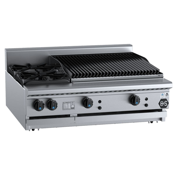 B+S Black BT-SB2-CBR6BM Combination Bench Mounted Two Open Burners and 600mm Char Broiler