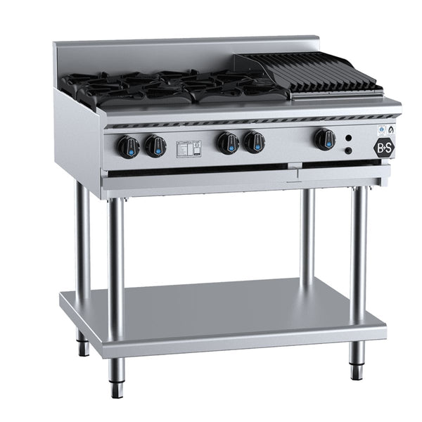 B+S Black BT-SB4-CBR3 Combination Four Open Burners and 300mm Char Broiler on Stand