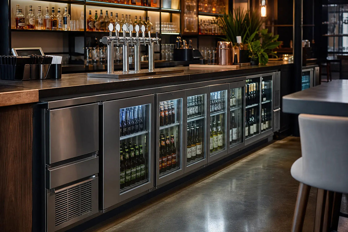 Commercial bar with under-counter glass door fridges storing bottled and canned drinks