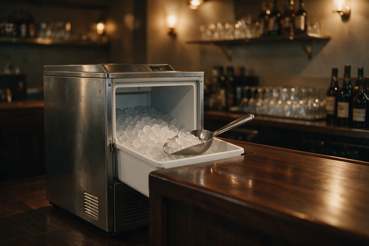 A stainless steel under-counter ice maker beside a commercial bar with a bin of ice cubes