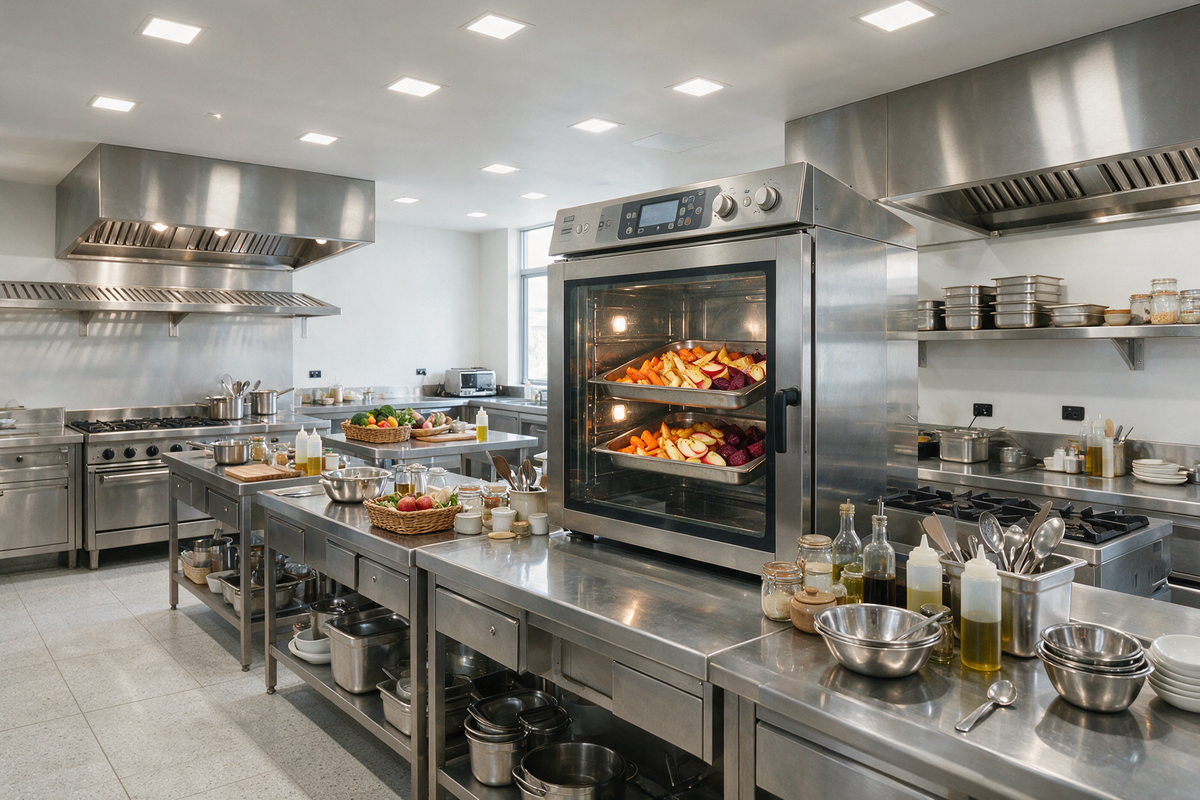 A commercial kitchen cooking line with a stainless steel combi oven