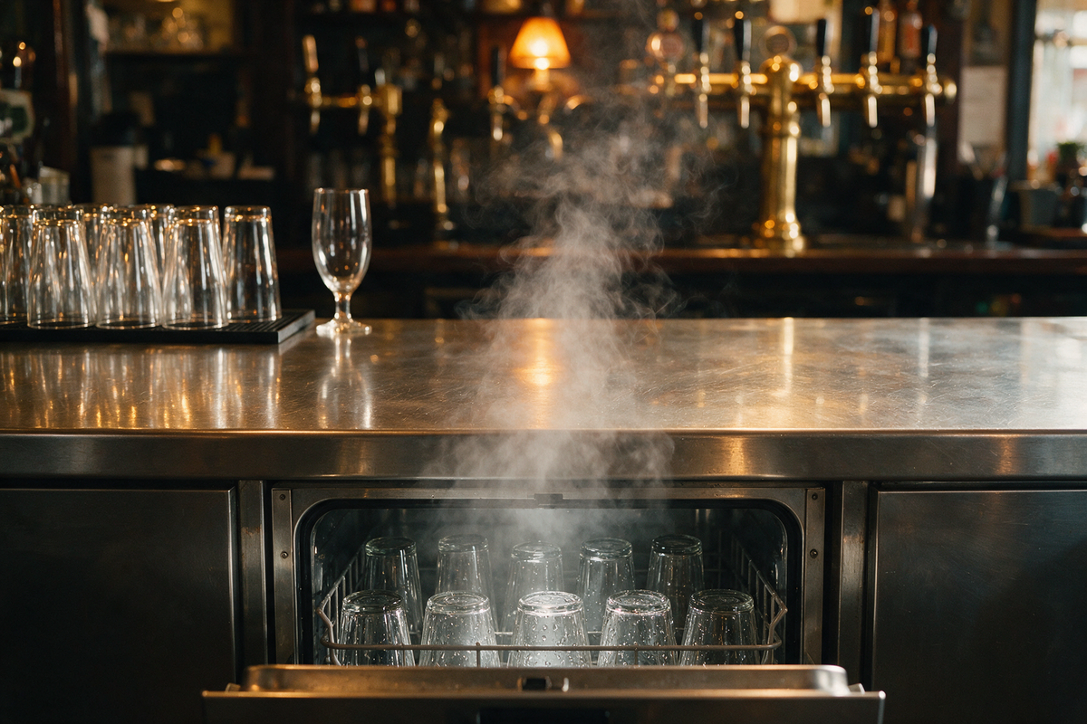 An open stainless steel undercounter glasswasher with a rack of clean glasses at a pub bar