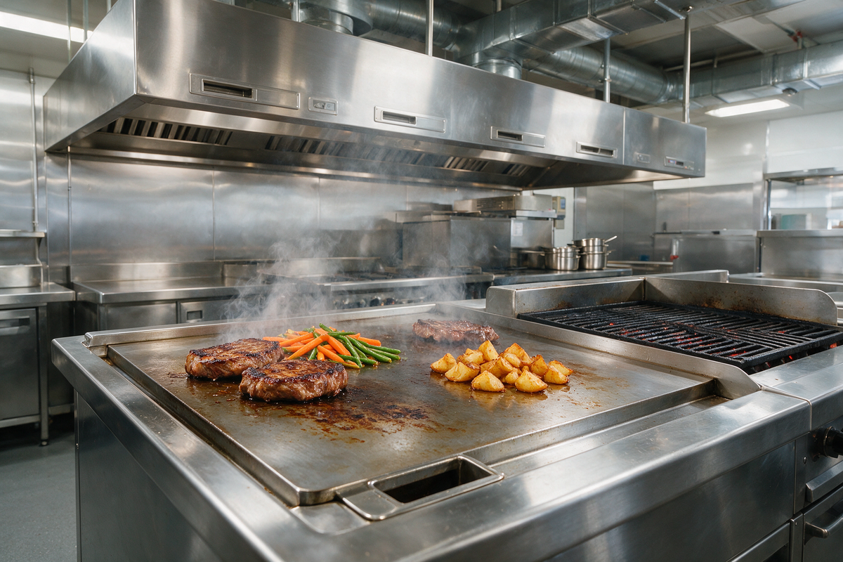 A commercial cooking line with a stainless steel griddle and char grill under an extraction hood
