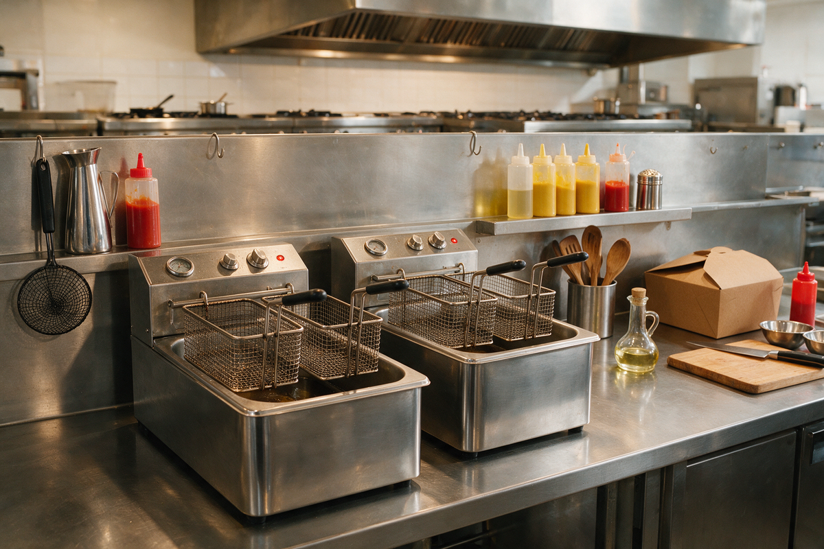 A commercial kitchen fry station with two stainless steel gas fryers