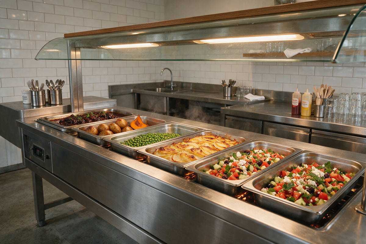 A cafe servery counter with a stainless steel hot bain marie holding trays of hot food