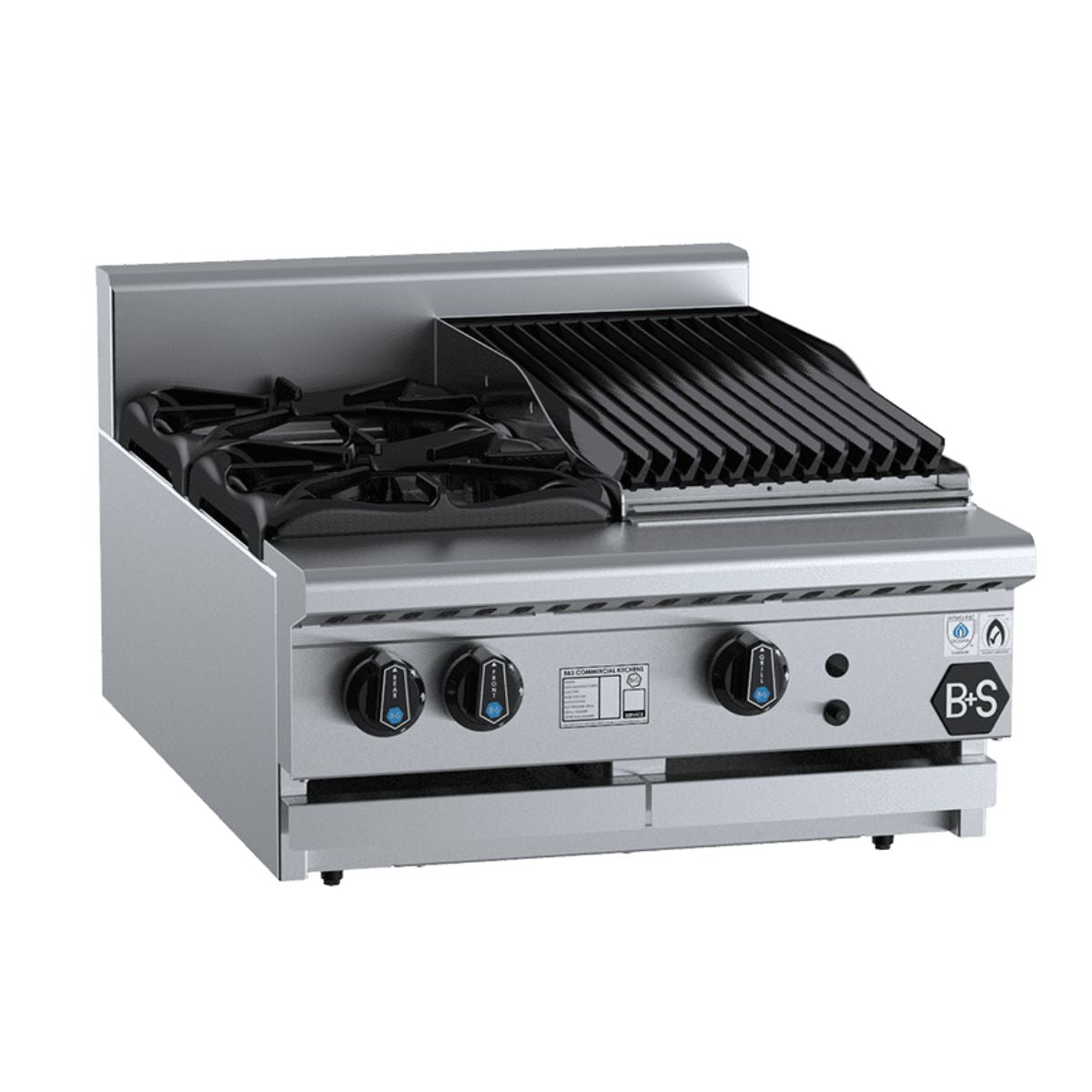B+S Black BT-SB2-CBR3BM Combination Bench Mounted Two Open Burners and 300mm Char Broiler
