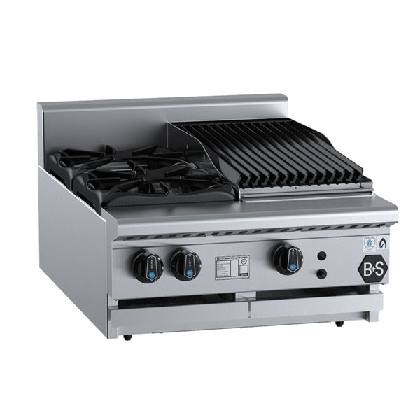 B+S Black BT-SB2-CBR3BM Combination Bench Mounted Two Open Burners and 300mm Char Broiler
