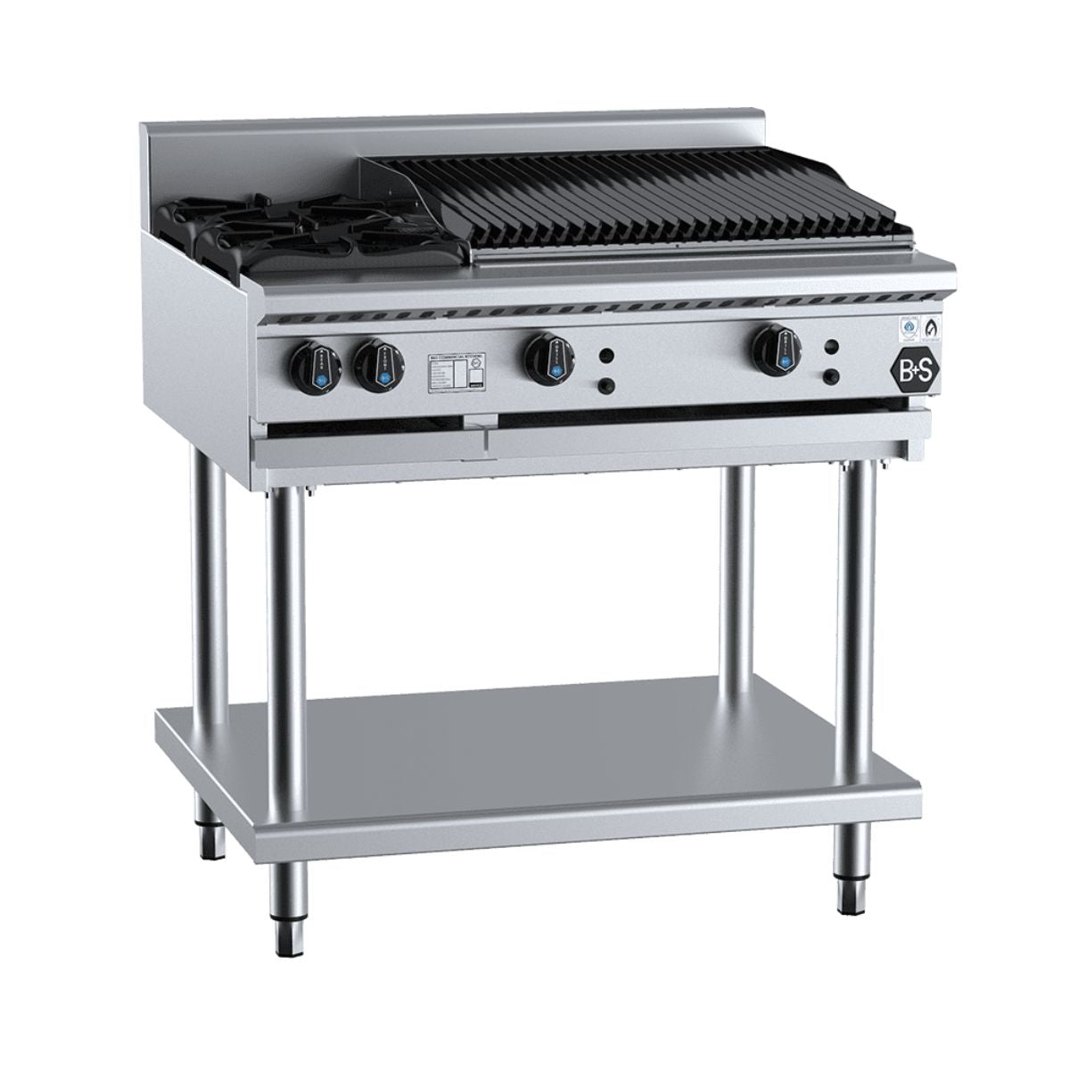 B+S Black BT-SB2-CBR6 Combination Two Open Burner and 600mm Char Broiler on Stand