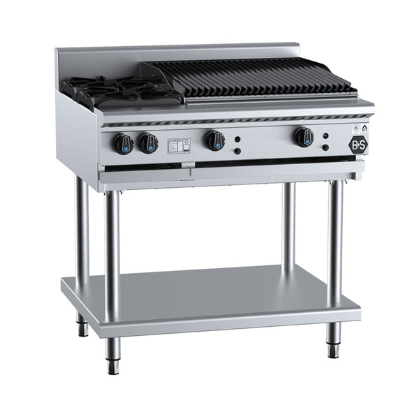 B+S Black BT-SB2-CBR6 Combination Two Open Burner and 600mm Char Broiler on Stand