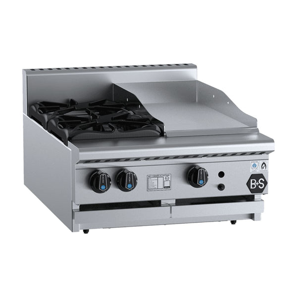 B+S Black BT-SB2-GRP3BM Combination Bench Mounted Two Open Burners and 300mm Grill Plate