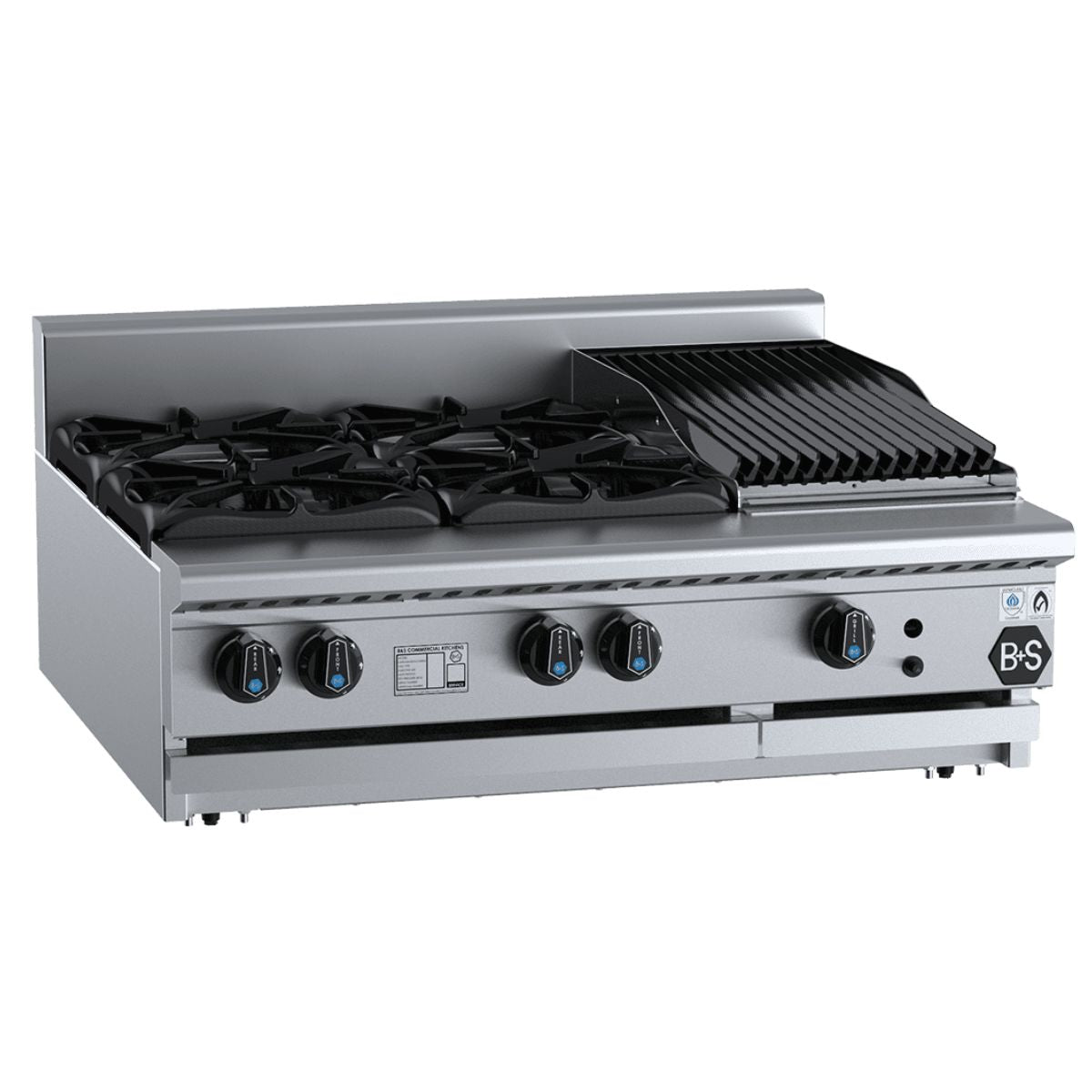 B+S Black BT-SB4-CBR3BM Combination Bench Mounted Four Open Burners and 300mm Char Broiler