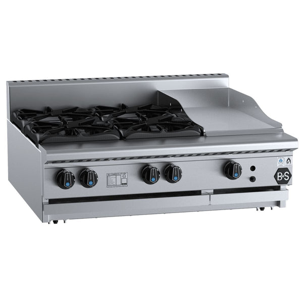 B+S Black BT-SB4-GRP3BM Combination Bench Mounted Four Open Burners and 300mm Grill Plate