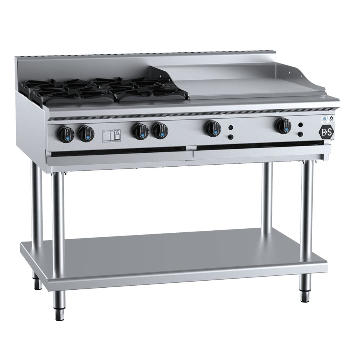 B+S Black BT-SB4-GRP6 Combination Four Open Burners and 600mm Grill Plate on Stand