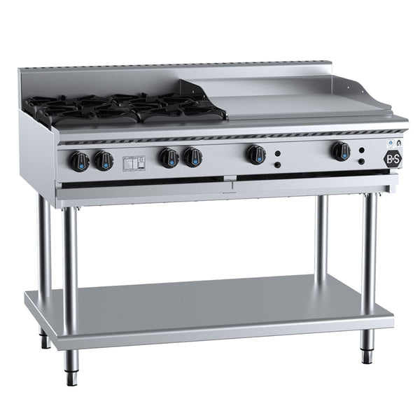B+S Black BT-SB4-GRP6 Combination Four Open Burners and 600mm Grill Plate on Stand