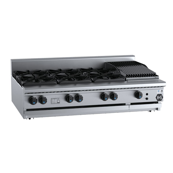 B+S Black BT-SB6-CBR3 Combination Six Open Burners and 300mm Char Broiler on Stand
