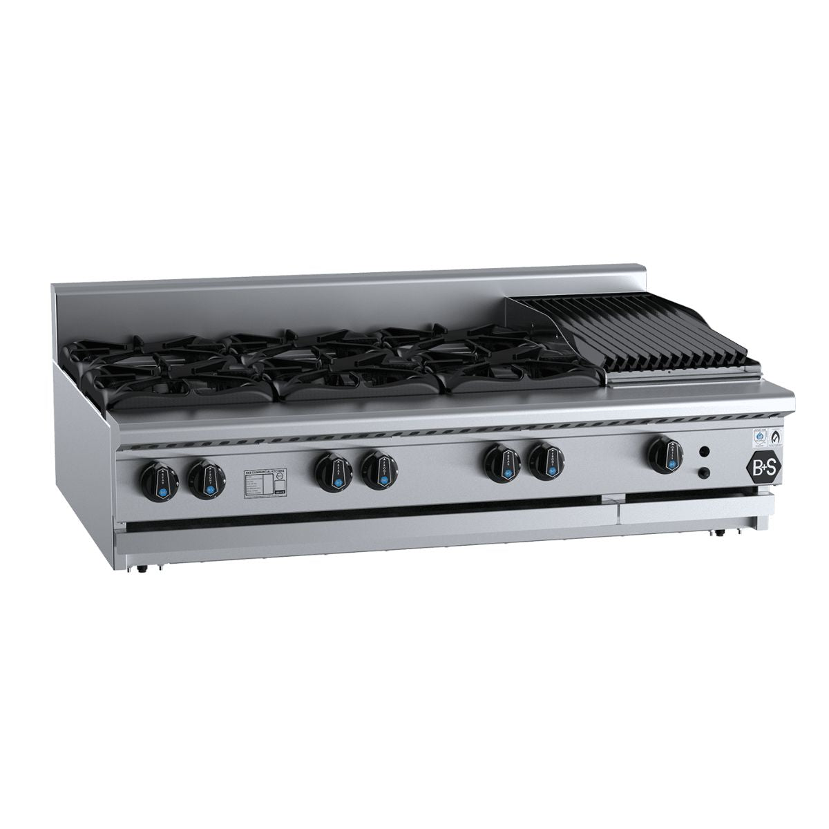 B+S Black BT-SB6-CBR3BM Combination Bench Mounted Six Open Burners and 300mm Char Broiler