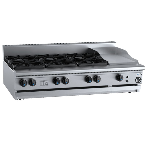 B+S Black BT-SB6-GRP3BM Combination Bench Mounted Six Open Burners and 300mm Grill Plate