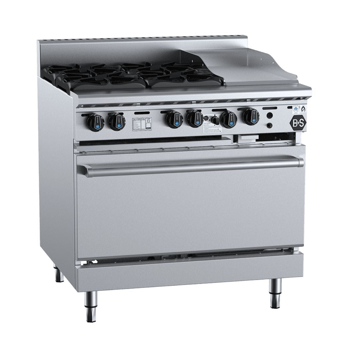 B+S Black OV-SB4-GRP3 Combination Oven with Four Open Burners and 300mm Grill Plate