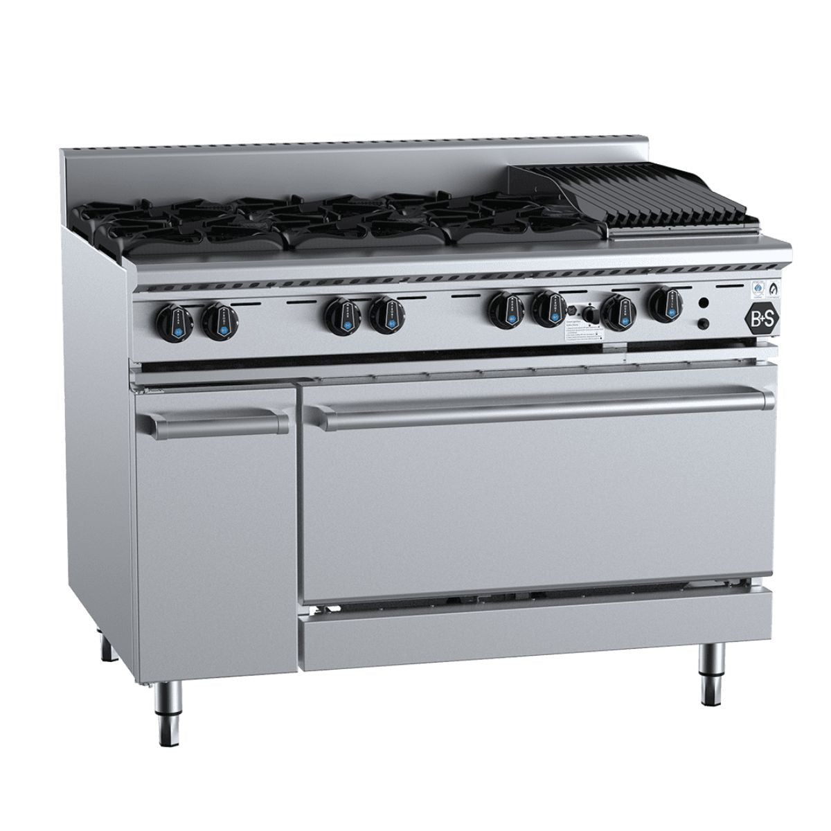 B+S Black OV-SB6-CBR3 Combination Oven with Six Open Burners and 300mm Char Broiler