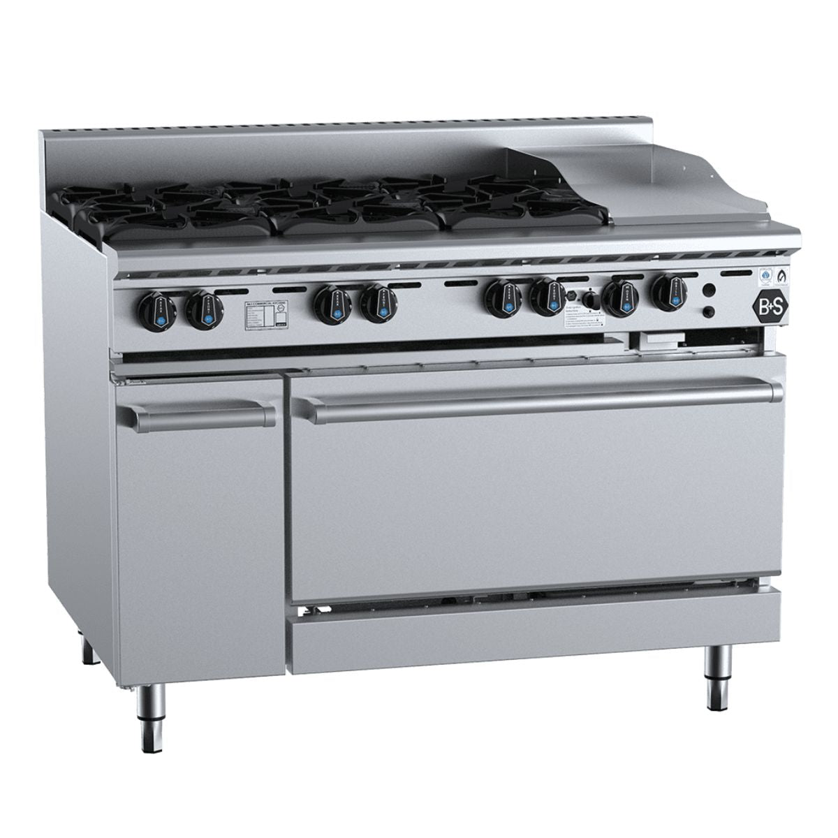 B+S Black OV-SB6-GRP3 Combination Oven with Six Open Burners and 300mm Grill Plate