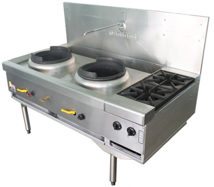 Goldstein CWA2B2, 2 Burner Air Cooled Chinese Wok with the Choice of a Heavy Duty Dual Ringed Burner, an Energy Efficient Mongolian Burner, or a Heavy Duty Duckbill Burner, along with 2 Extra Open Burners