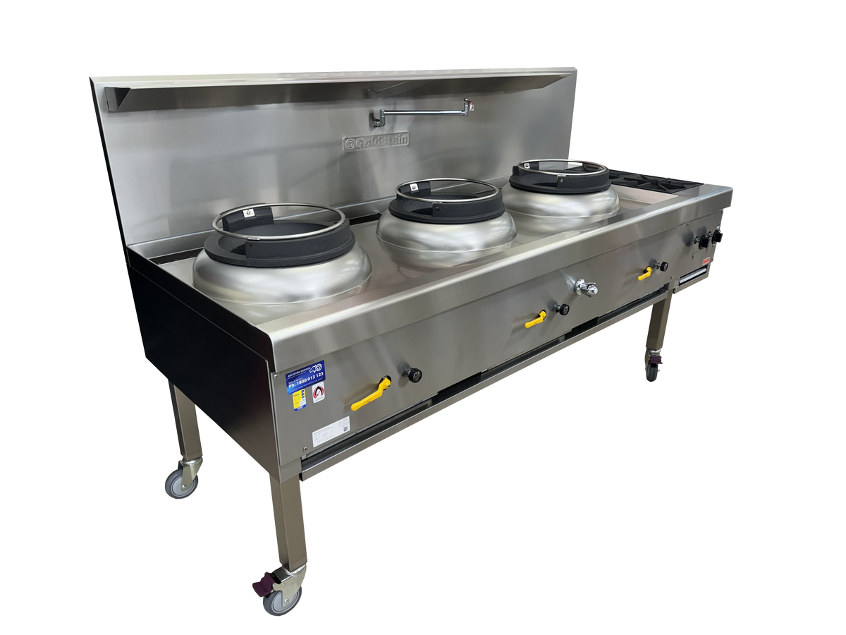 Goldstein CWA3B2, 3 Burner Air Cooled Chinese Wok with the Choice of a Heavy Duty Dual Ringed Burner, an Energy Efficient Mongolian Burner, or a Heavy Duty Duckbill Burner, along with 2 Extra Open Burners