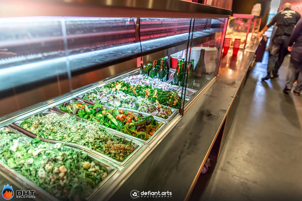 The refrigerated salad counter, with the heated display running above it