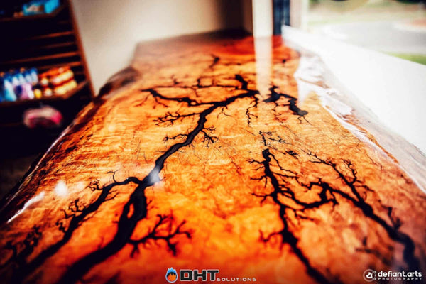 The resin-finished timber counter top in the milk bar